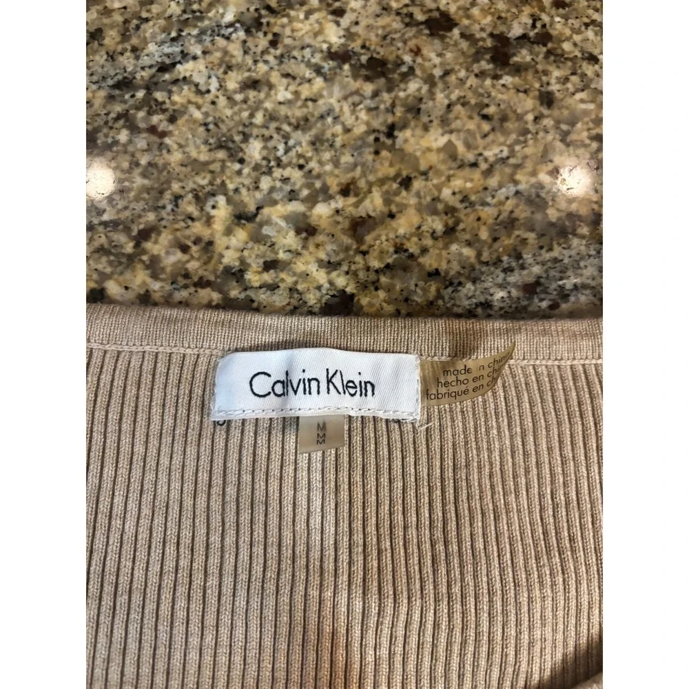 Calvin Klein Womens Ribbed Knit Sweater Tan Lettuce Trim Long‎ Sleeve M